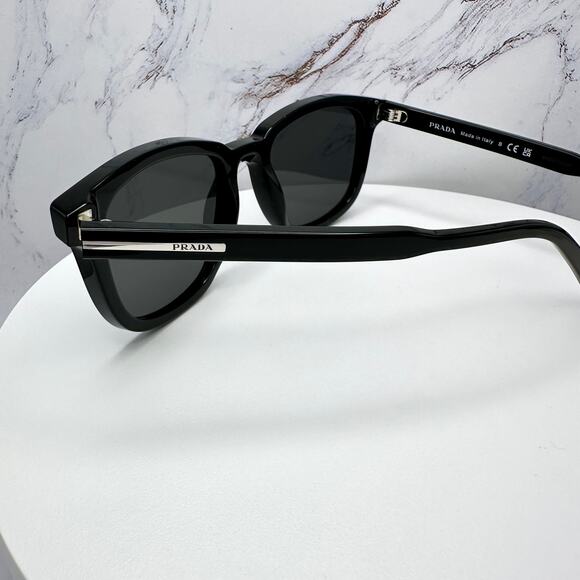 New PRADA Sunglasses Black Acetate Square Silver Metal Logo 53mm Gray Lens - Picture 14 of 16